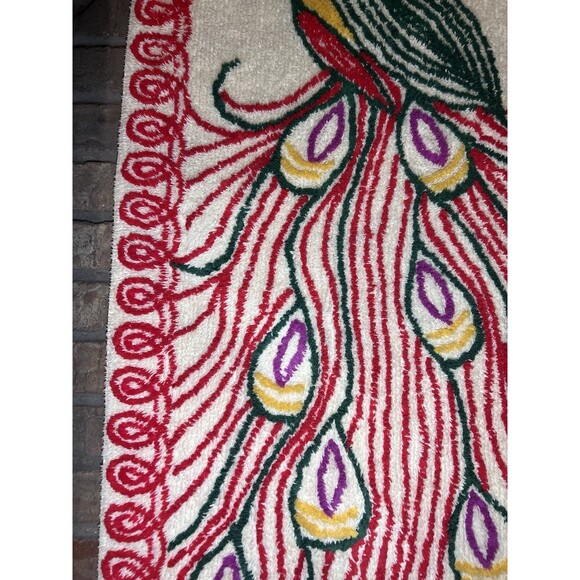Vintage Chenille Peacock Rug Red Green Yellow White ~ 30”x55” 40-50’s Mod - Picture 5 of 16